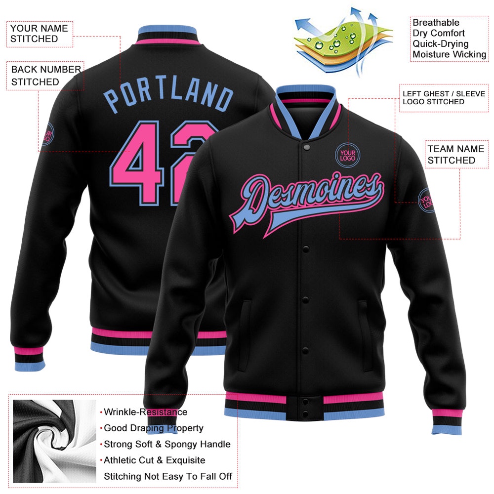 Custom Black Pink Light Blue Bomber Full Snap Baseball Jacket, Custom Team Jacket