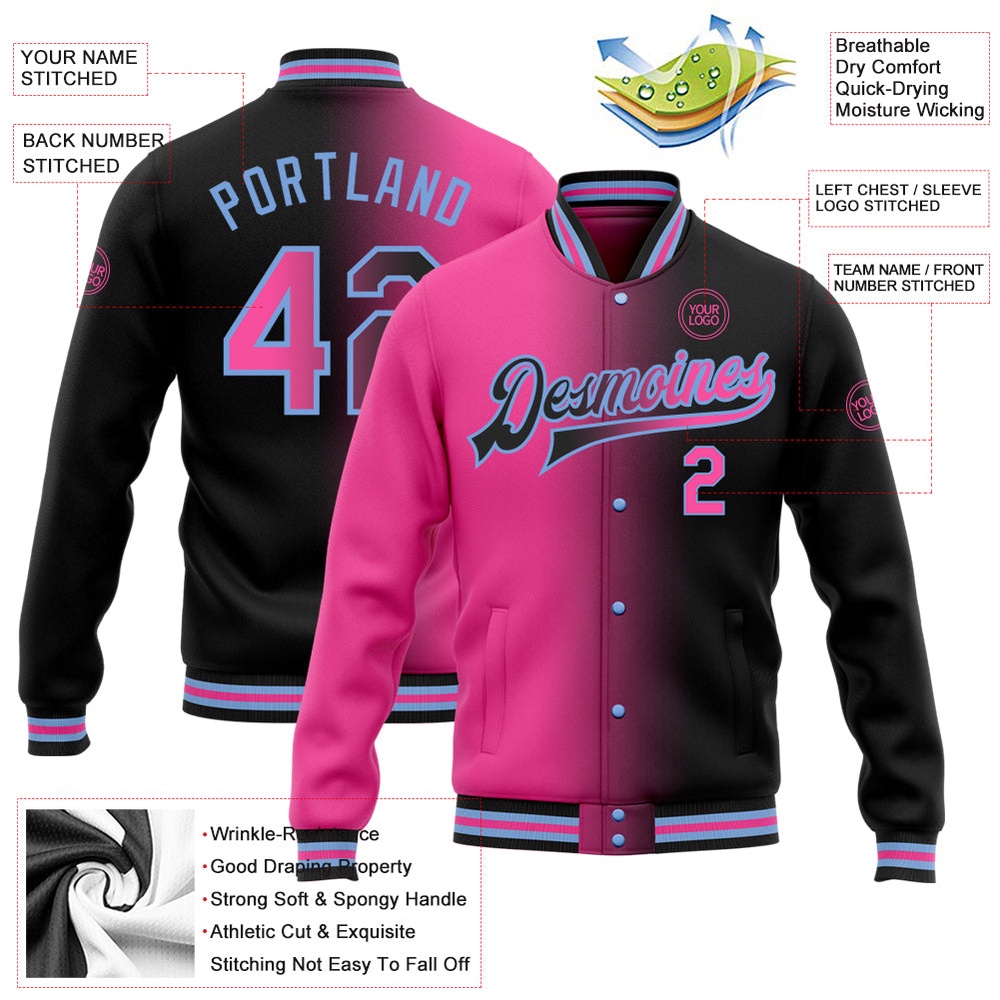 Custom Black Pink Light Blue Bomber Full Snap Varsity Letterman Gradient Fashion Jacket, Custom Team Jacket