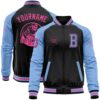 Custom Black Pink Light Blue Bomber Full Snap Varsity Letterman Gradient Fashion Jacket, Custom Team Jacket