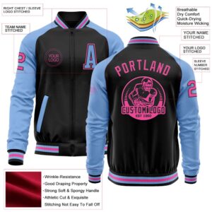 Custom Black Pink Light Blue Bomber Varsity&hellip;