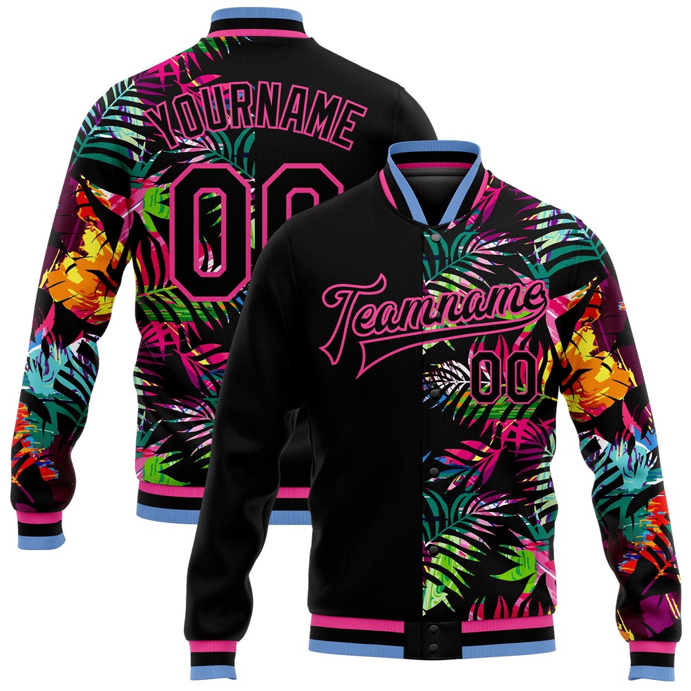 Custom Black Pink Light Blue Hawaii Palm Trees 3D Bomber Full Snap Baseball Jacket, Custom Team Jacket