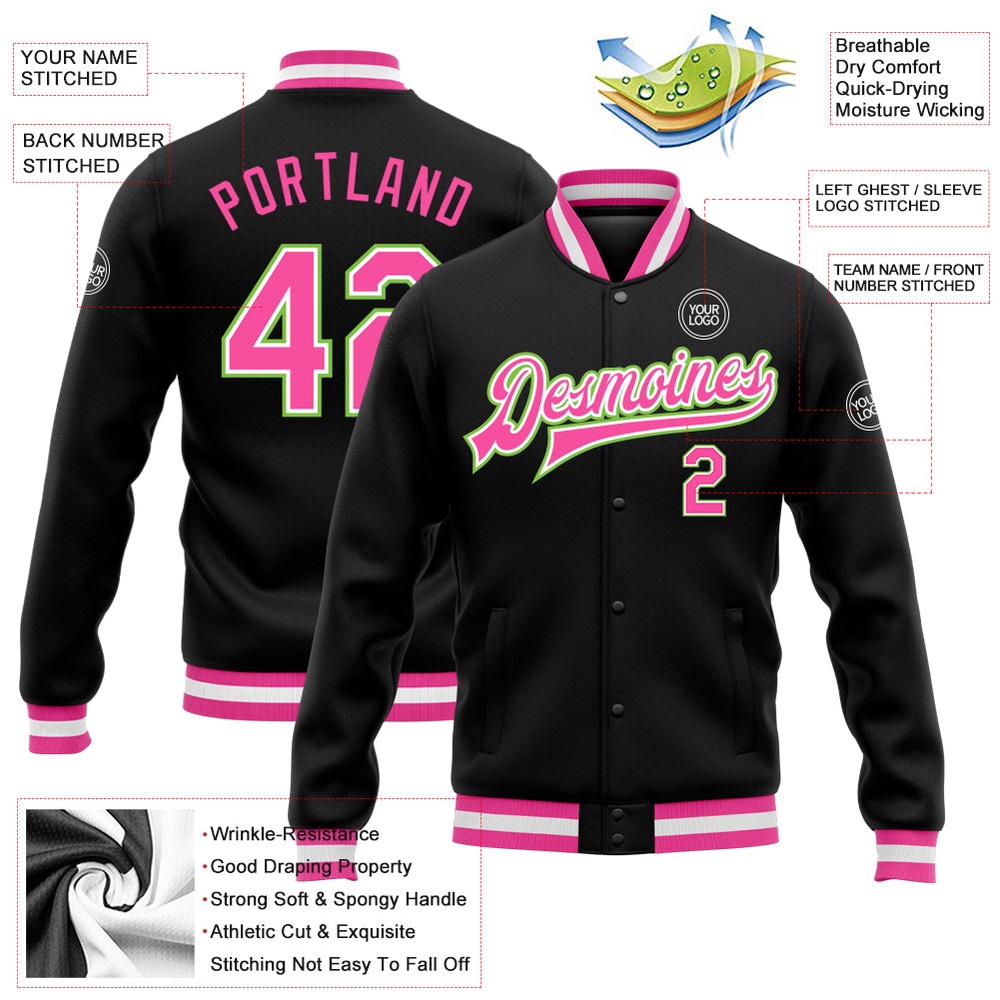 Custom Black Pink Neon Green Bomber Full Snap Baseball Jacket, Custom Team Jacket
