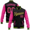 Custom Black Pink Neon Green Bomber Full Snap Baseball Jacket, Custom Team Jacket