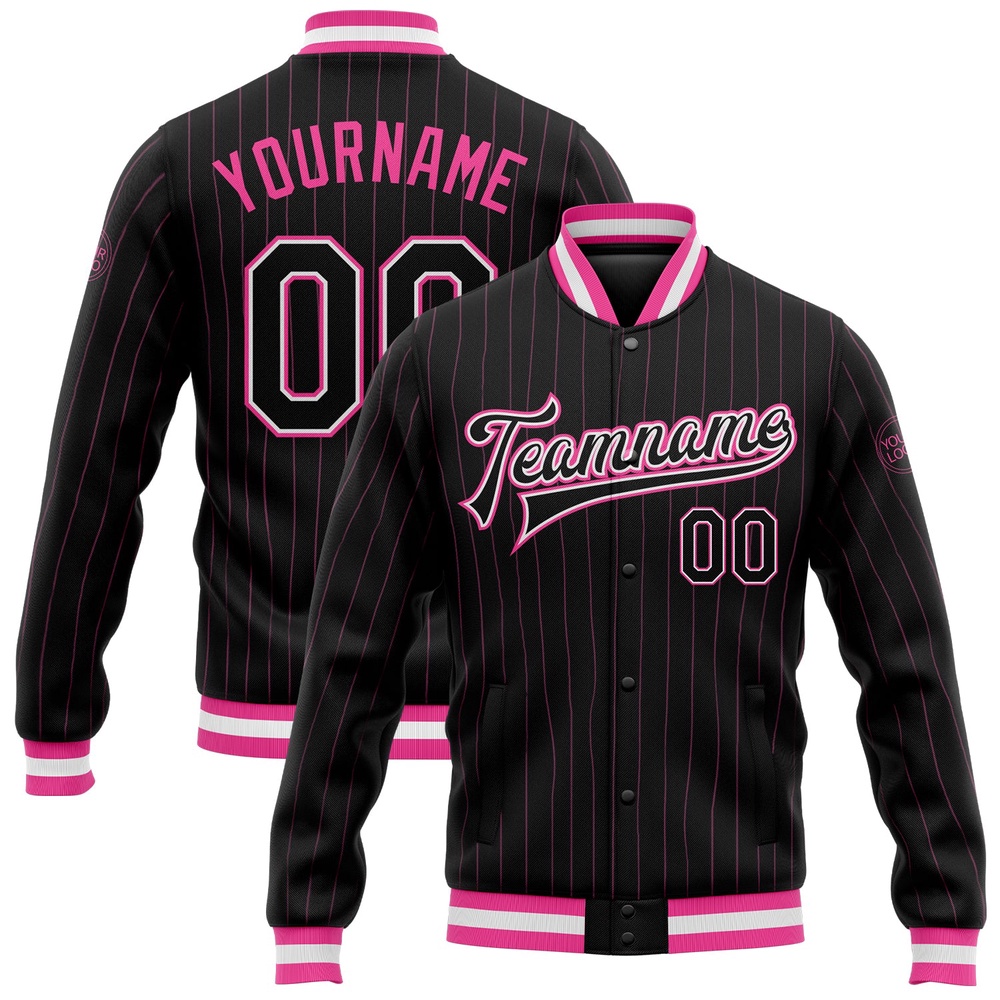 Custom Black Pink Pinstripe Black White Bomber Full Snap Baseball Jacket, Custom Team Jacket