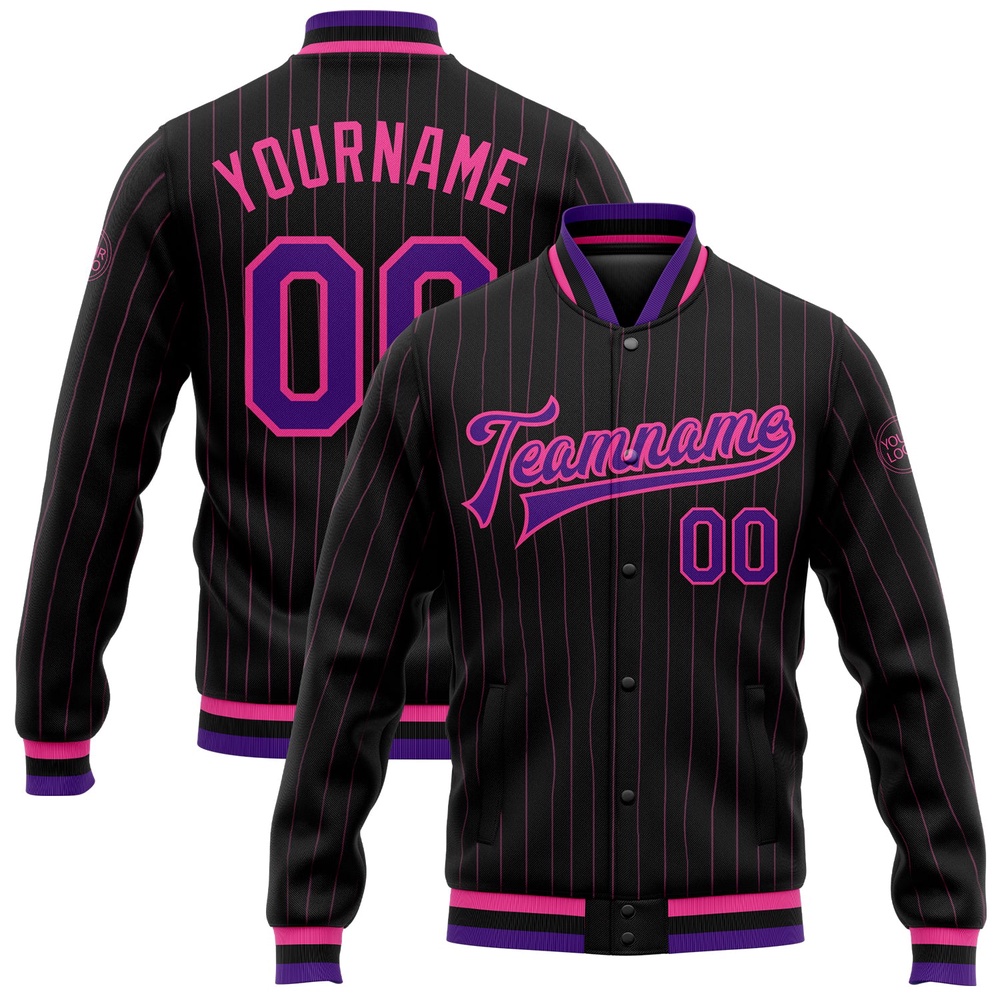 Custom Black Pink Pinstripe Purple Bomber Full Snap Baseball Jacket, Custom Team Jacket