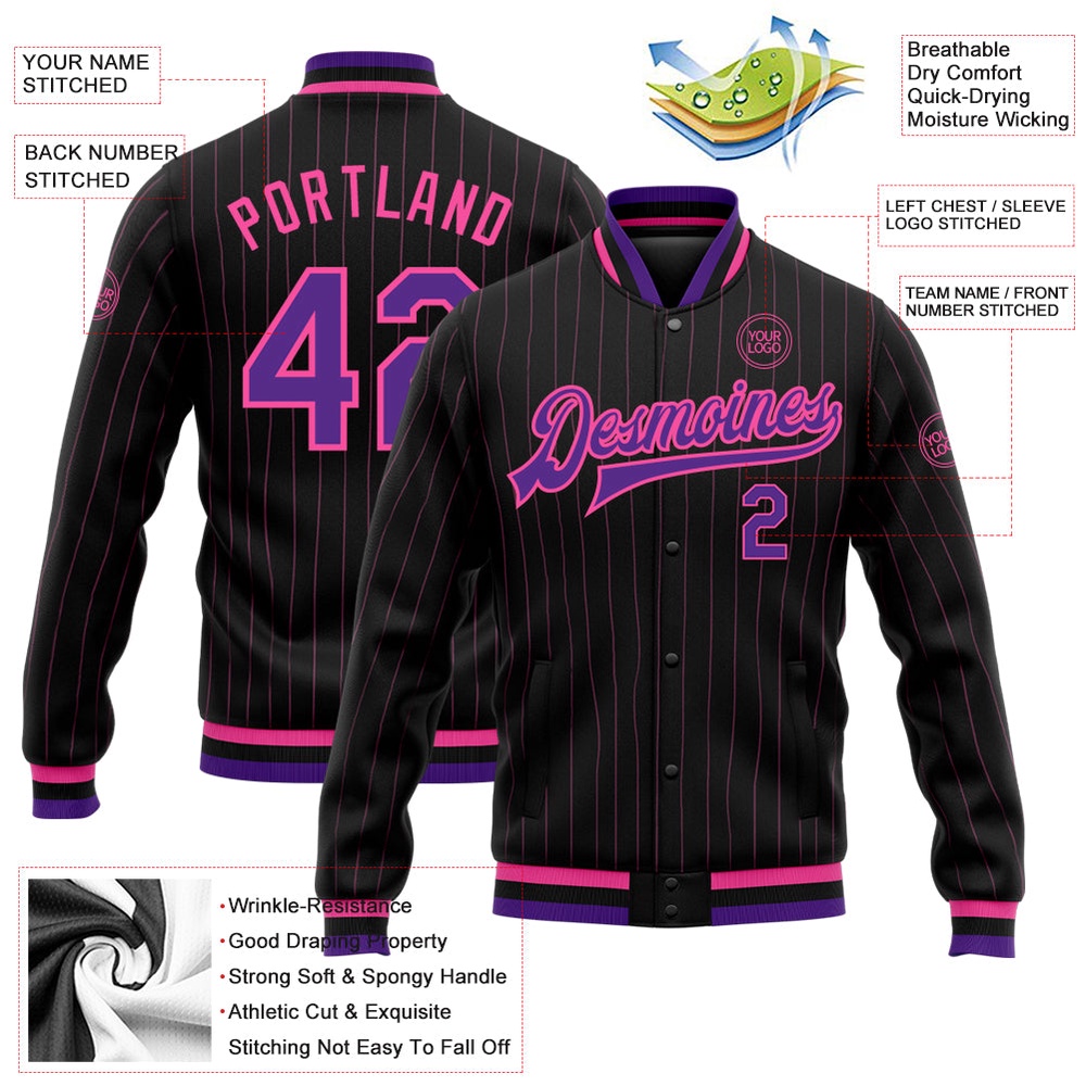 Custom Black Pink Pinstripe Purple Bomber Full Snap Baseball Jacket, Custom Team Jacket