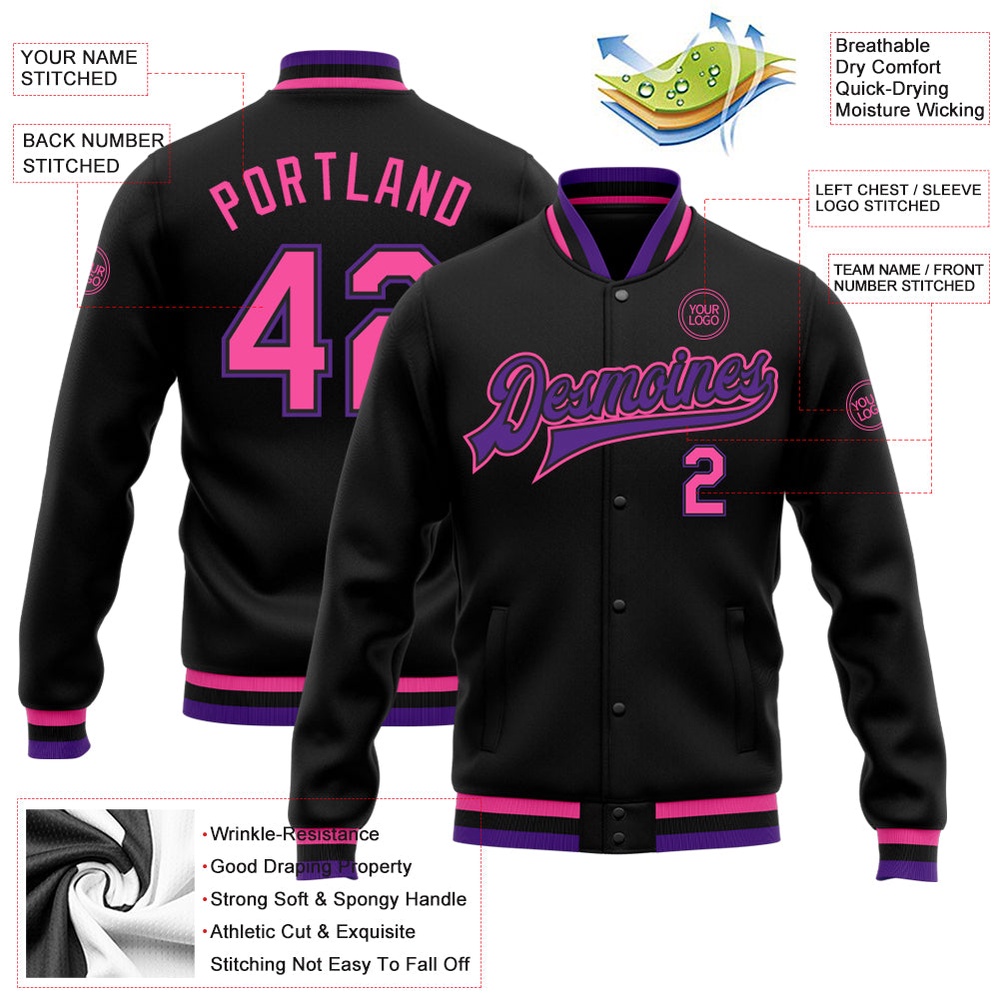 Custom Black Pink Purple Bomber Full Snap Baseball Jacket, Custom Team Jacket