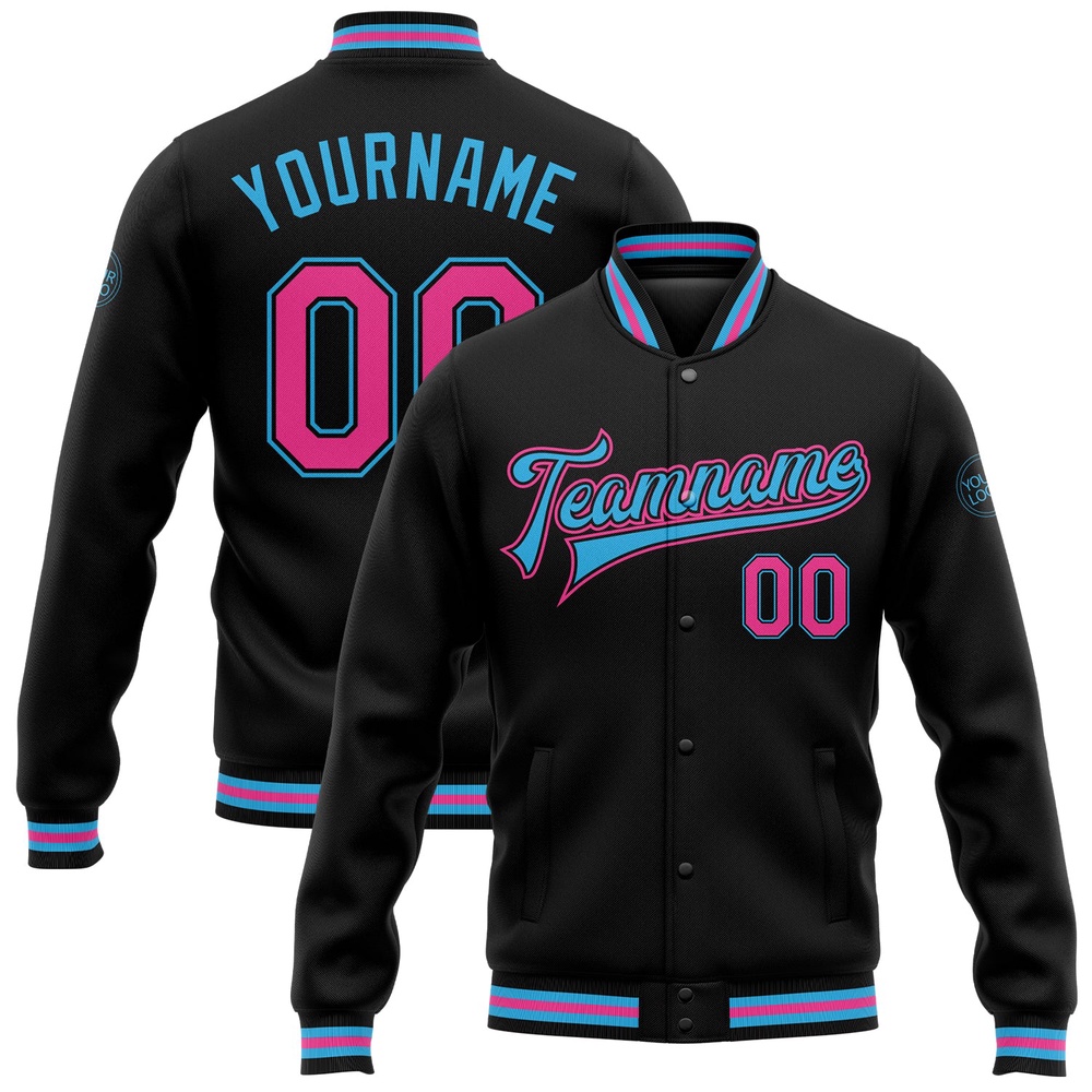 Custom Black Pink Sky Blue Bomber Full Snap Baseball Jacket, Custom Team Jacket