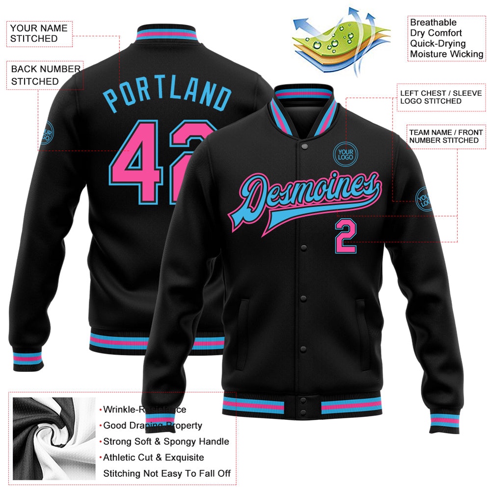 Custom Black Pink Sky Blue Bomber Full Snap Baseball Jacket, Custom Team Jacket