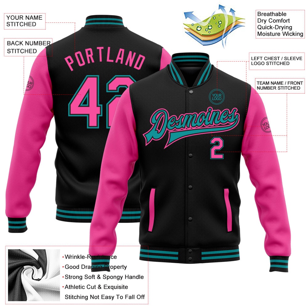 Custom Black Pink Teal Bomber Full Snap Varsity Baseball Jacket, Custom Team Jacket