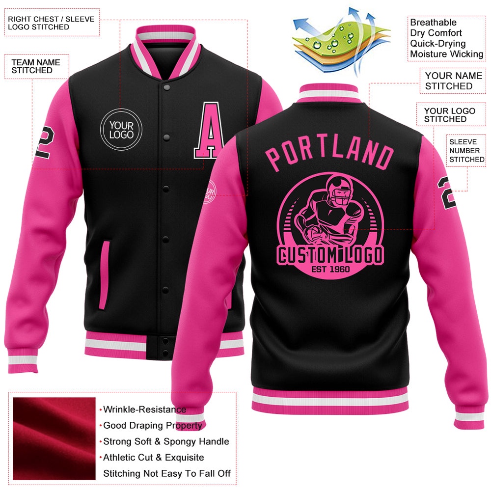 Custom Black Pink White Bomber Full Snap Varsity Baseball Jacket, Custom Team Jacket