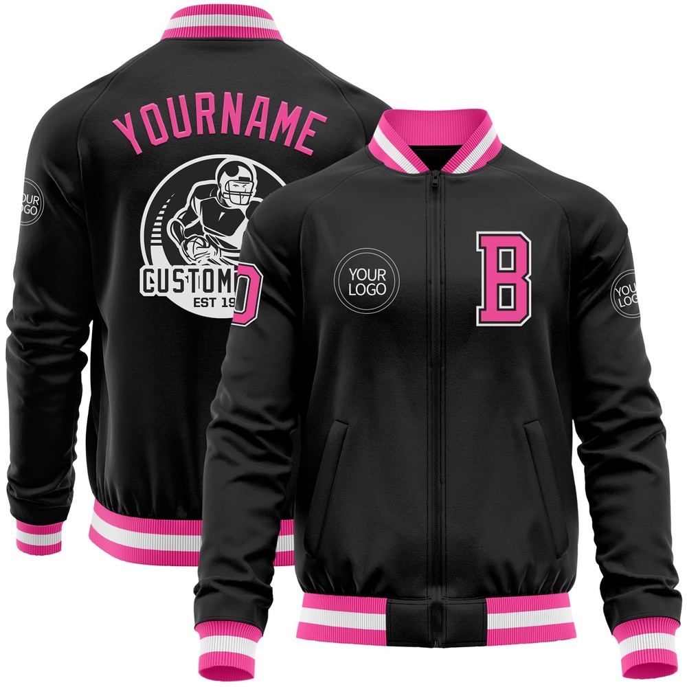 Custom Black Pink White Bomber Varsity Baseball Jacket, Custom Team Jacket