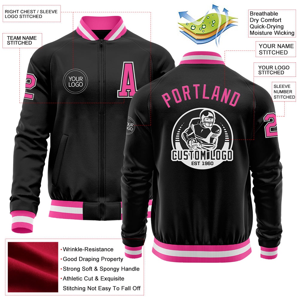 Custom Black Pink White Bomber Varsity Baseball Jacket, Custom Team Jacket