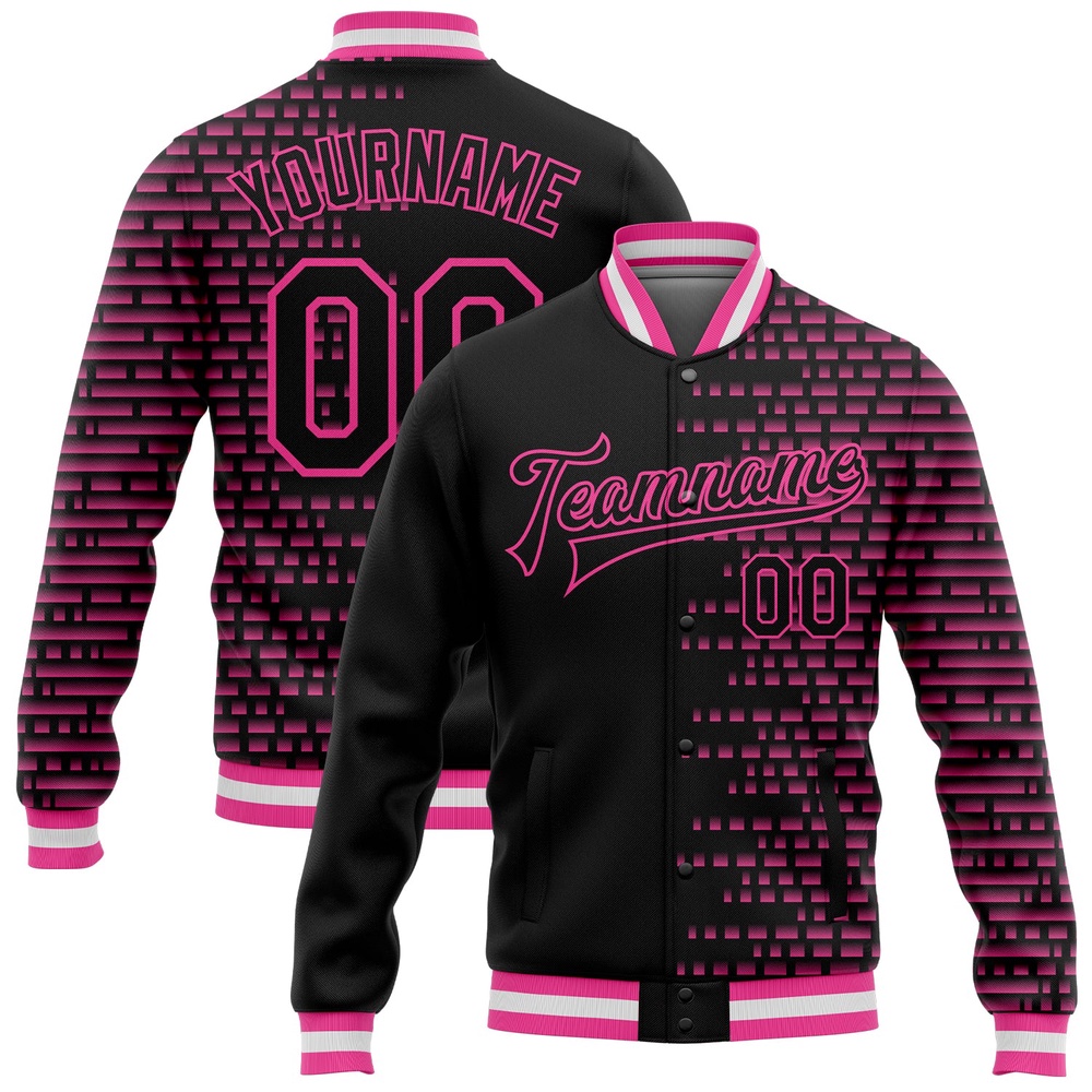 Custom Black Pink White Halftone 3D Pattern Design Bomber Full Snap Baseball Jacket, Custom Team Jacket