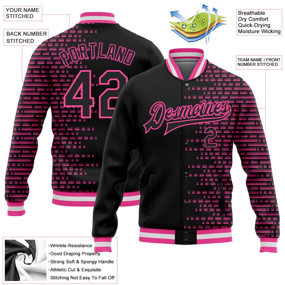 Custom Black Pink White Halftone 3D Pattern Design Bomber Full Snap Baseball Jacket, Custom Team Jacket