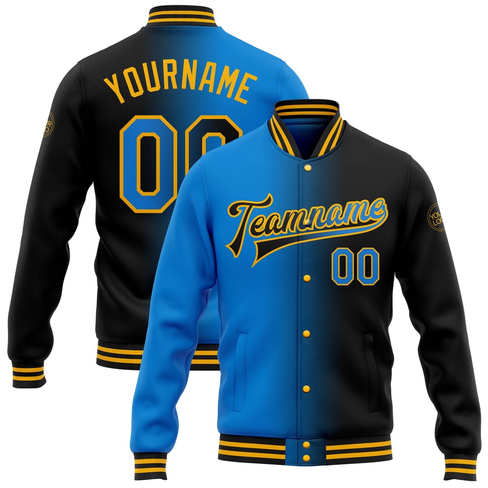 Custom Black Powder Blue Gold Bomber Full Snap Varsity Letterman Gradient Fashion Jacket, Custom Team Jacket