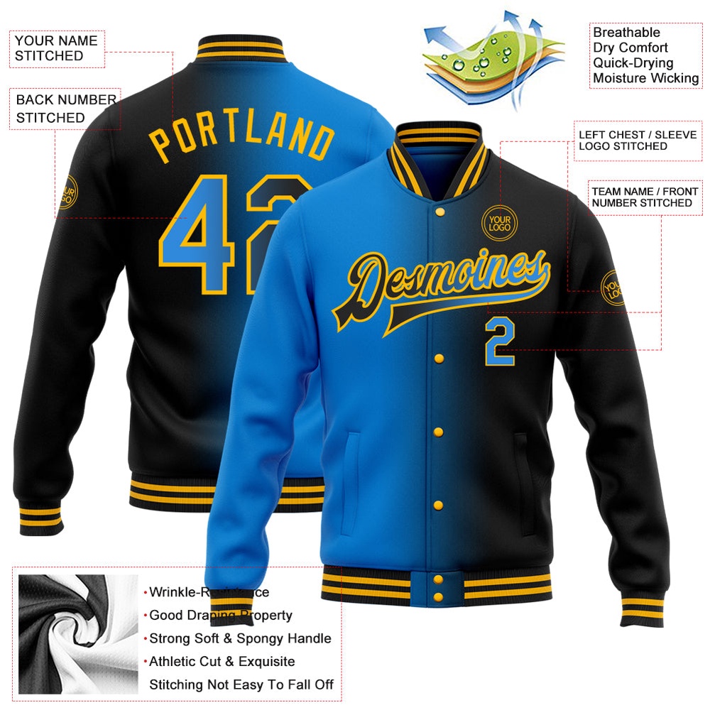 Custom Black Powder Blue Gold Bomber Full Snap Varsity Letterman Gradient Fashion Jacket, Custom Team Jacket