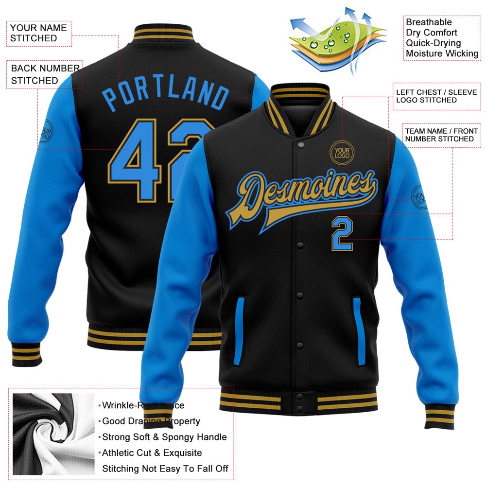Custom Black Powder Blue Old Gold Bomber Full Snap Varsity Baseball Jacket, Custom Team Jacket