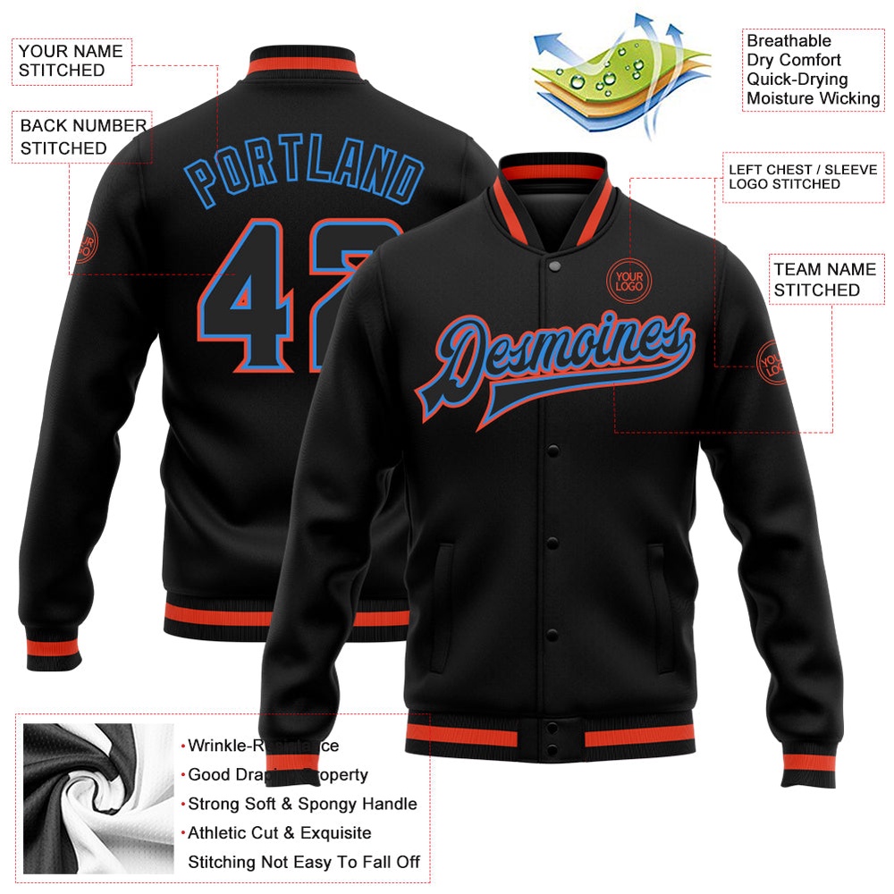 Custom Black Powder Blue Orange Bomber Full Snap Baseball Jacket, Custom Team Jacket