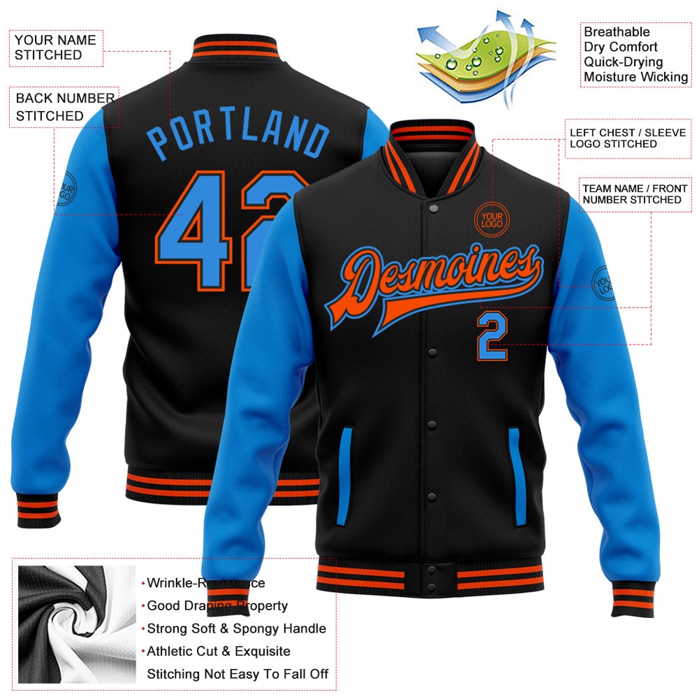 Custom Black Powder Blue Orange Bomber Full Snap Varsity Baseball Jacket, Custom Team Jacket