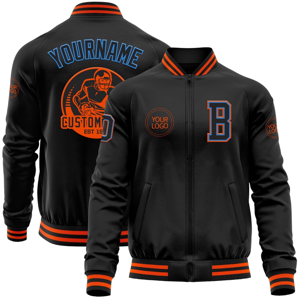 Custom Black Powder Blue Orange Bomber Varsity Baseball Jacket, Custom Team Jacket