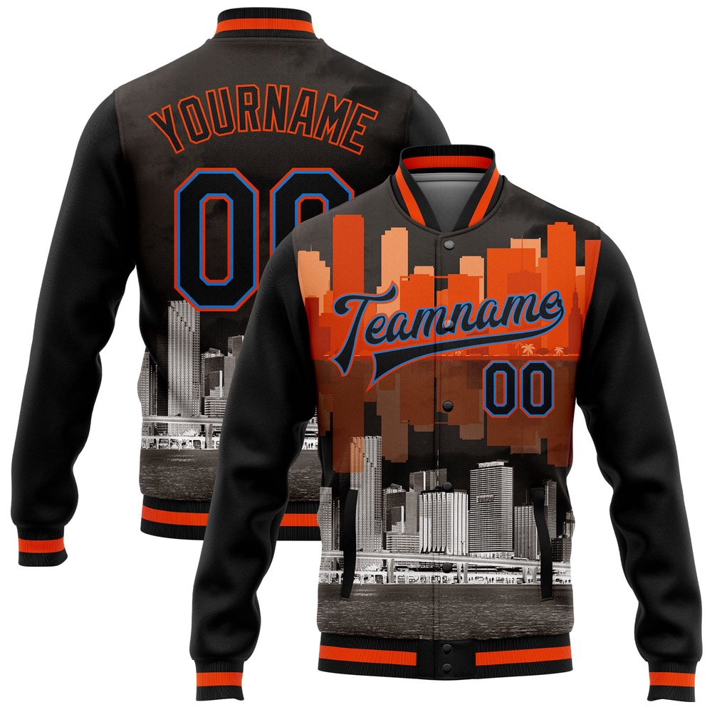 Custom Black Powder Blue Orange Miami Florida City Edition 3D Bomber Full Snap Baseball Jacket, Custom Team Jacket