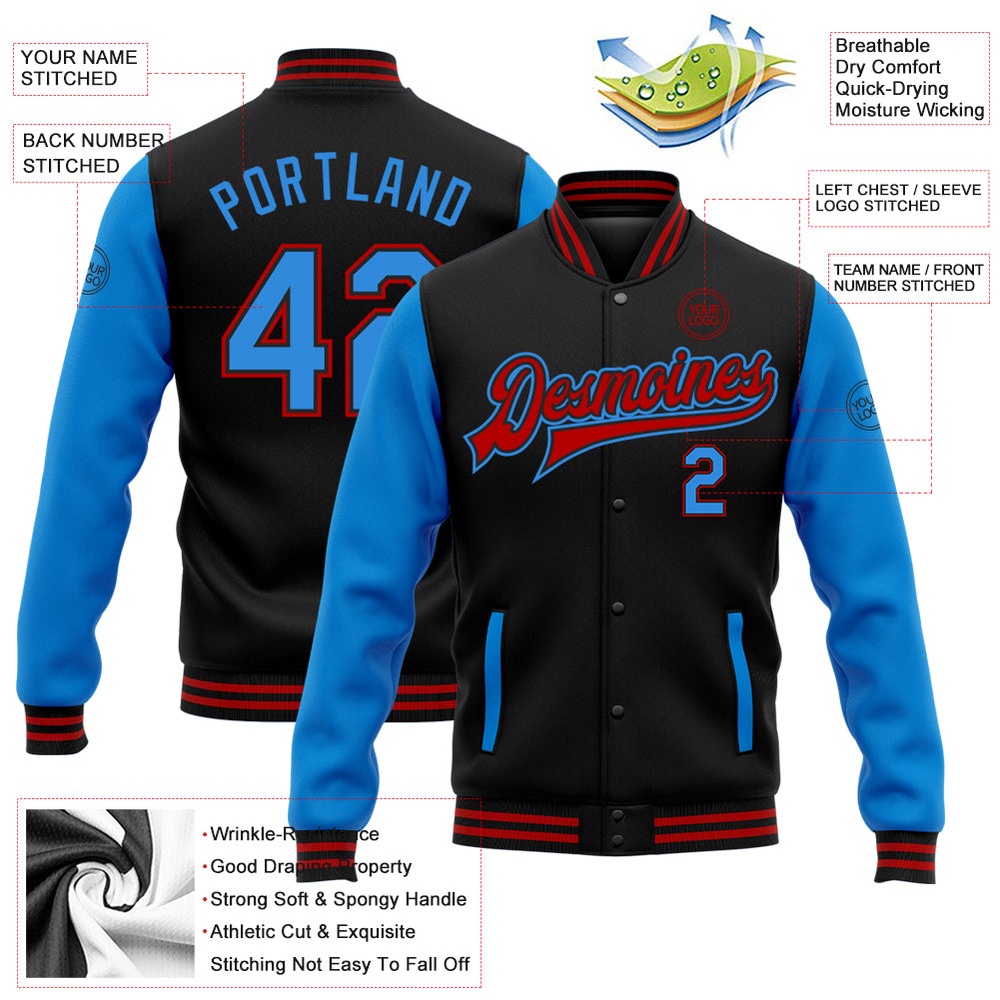 Custom Black Powder Blue Red Bomber Full Snap Varsity Baseball Jacket, Custom Team Jacket