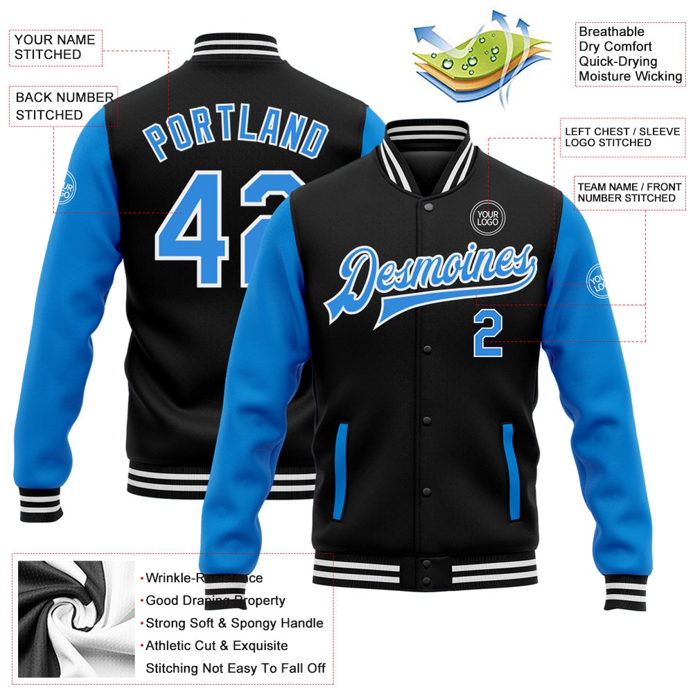 Custom Black Powder Blue White Bomber Full Snap Varsity Baseball Jacket, Custom Team Jacket