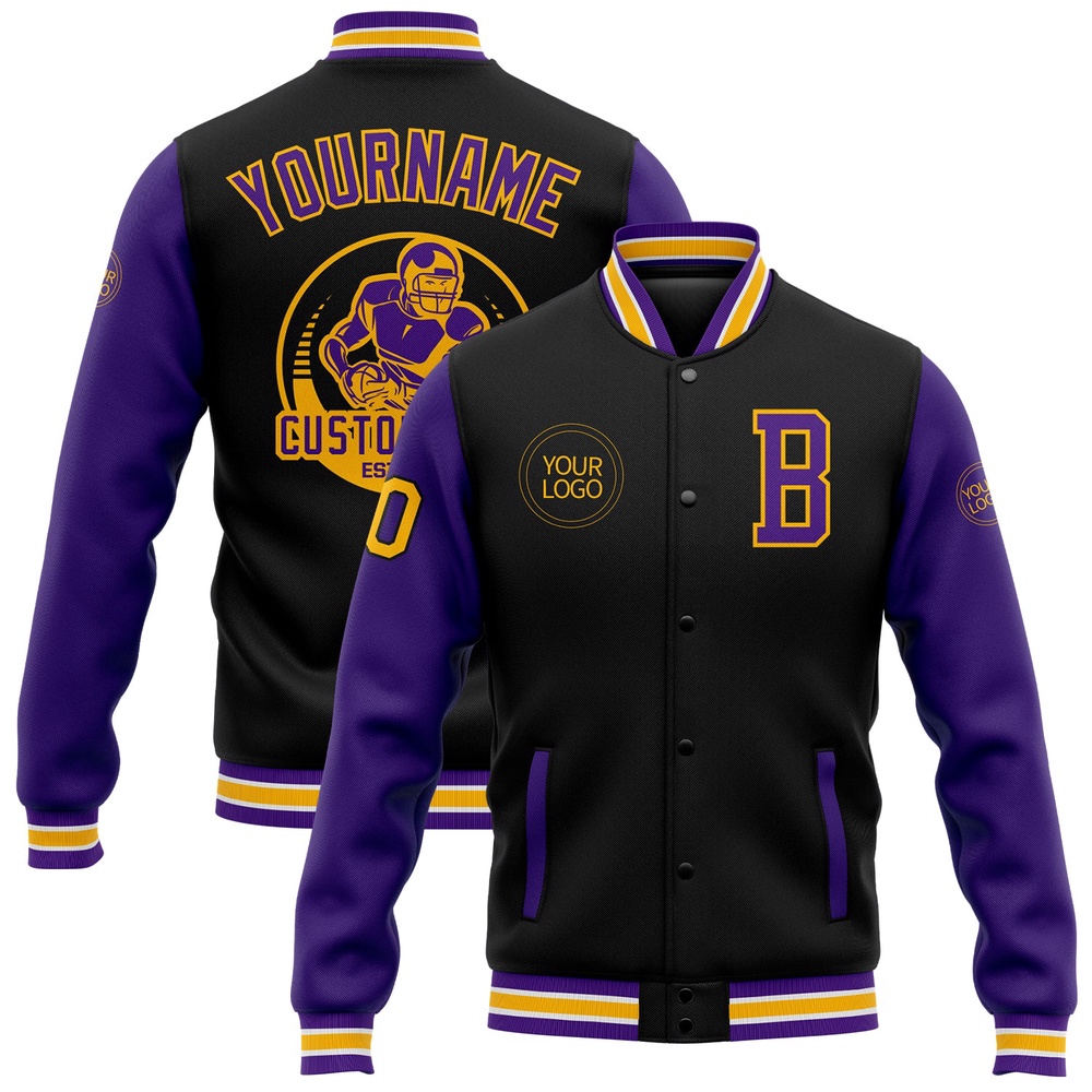 Custom Black Purple Gold Bomber Full Snap Varsity Baseball Jacket, Custom Team Jacket