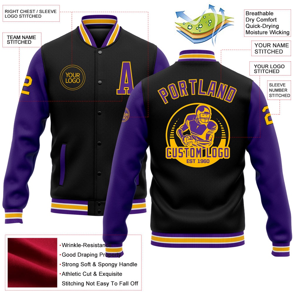 Custom Black Purple Gold Bomber Full Snap Varsity Baseball Jacket, Custom Team Jacket