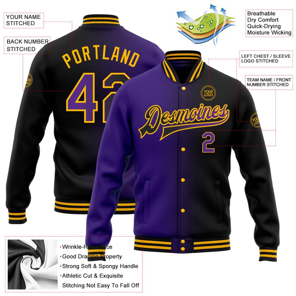 Custom Black Purple Gold Bomber Full Snap Varsity Letterman Gradient Fashion Jacket, Custom Team Jacket