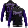 Custom Black Purple Neon Green Bomber Full Snap Varsity Baseball Jacket, Custom Team Jacket
