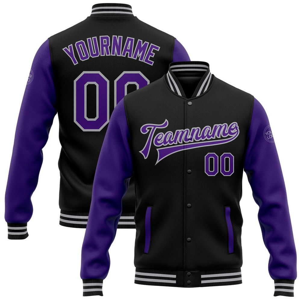 Custom Black Purple Gray Bomber Full Snap Varsity Baseball Jacket, Custom Team Jacket