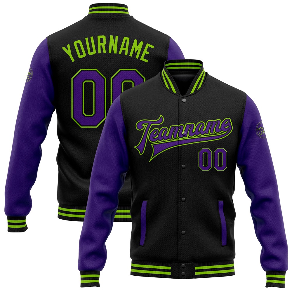 Custom Black Purple Neon Green Bomber Full Snap Varsity Baseball Jacket, Custom Team Jacket