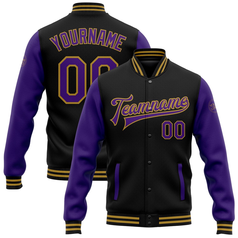 Custom Black Purple Old Gold Bomber Full Snap Varsity Baseball Jacket, Custom Team Jacket