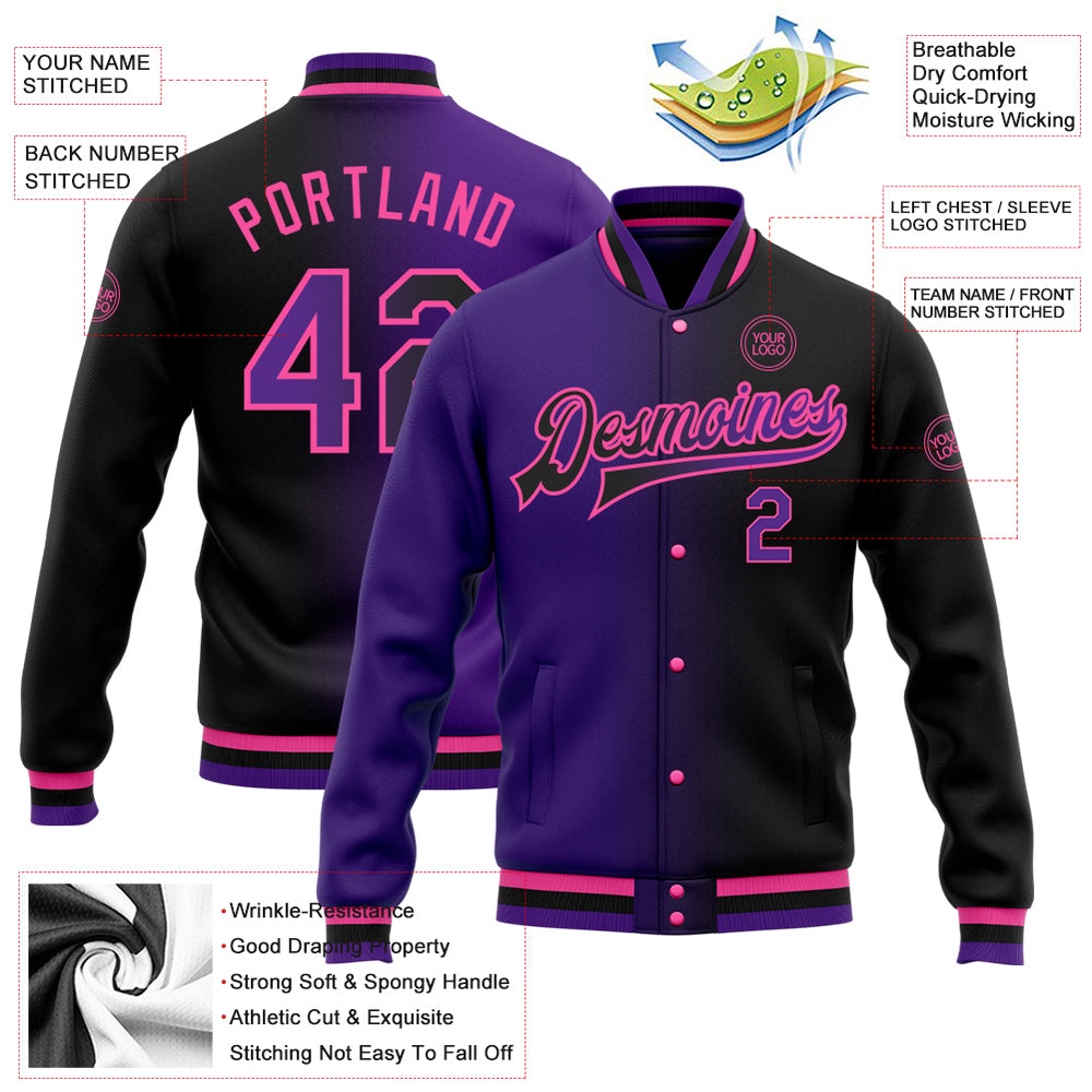 Custom Black Purple Pink Bomber Full Snap Varsity Letterman Gradient Fashion Jacket, Custom Team Jacket