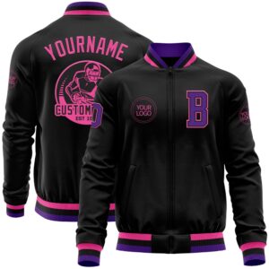 Custom Black Purple Pink Bomber Varsity Baseball&hellip;