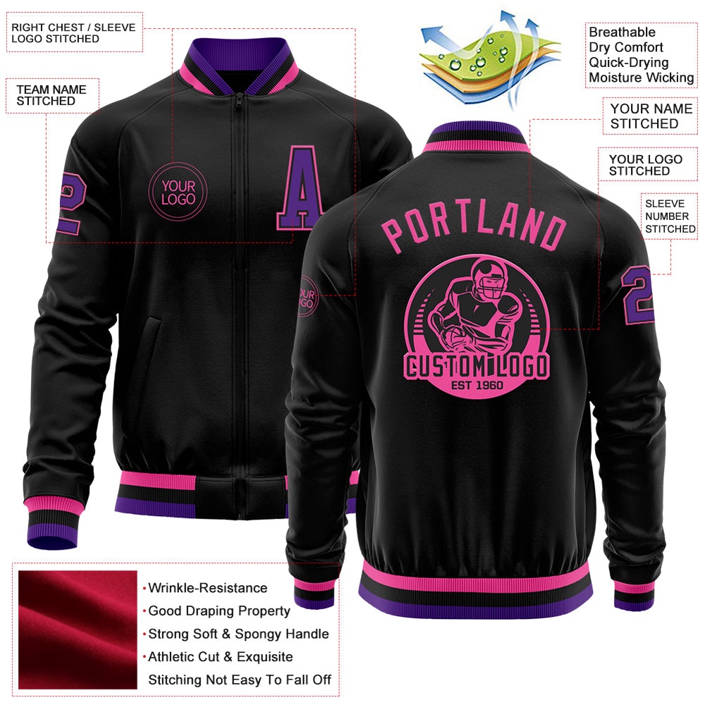 Custom Black Purple Pink Bomber Varsity Baseball Jacket, Custom Team Jacket