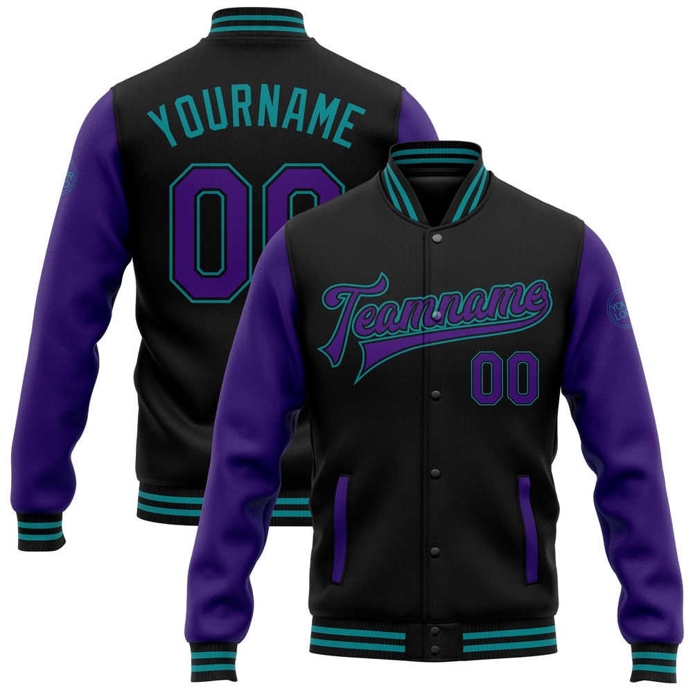 Custom Black Purple Teal Bomber Full Snap Varsity Baseball Jacket, Custom Team Jacket