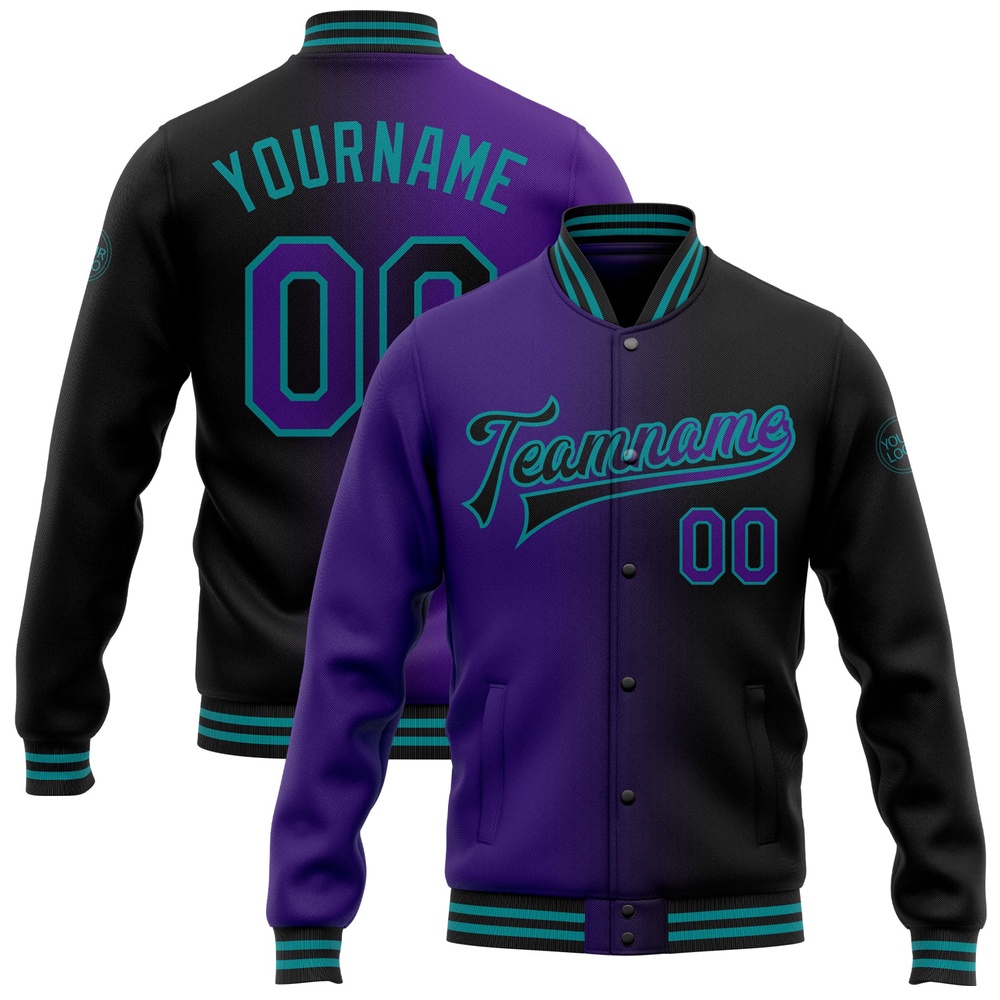 Custom Black Purple Teal Bomber Full Snap Varsity Letterman Gradient Fashion Jacket, Custom Team Jacket