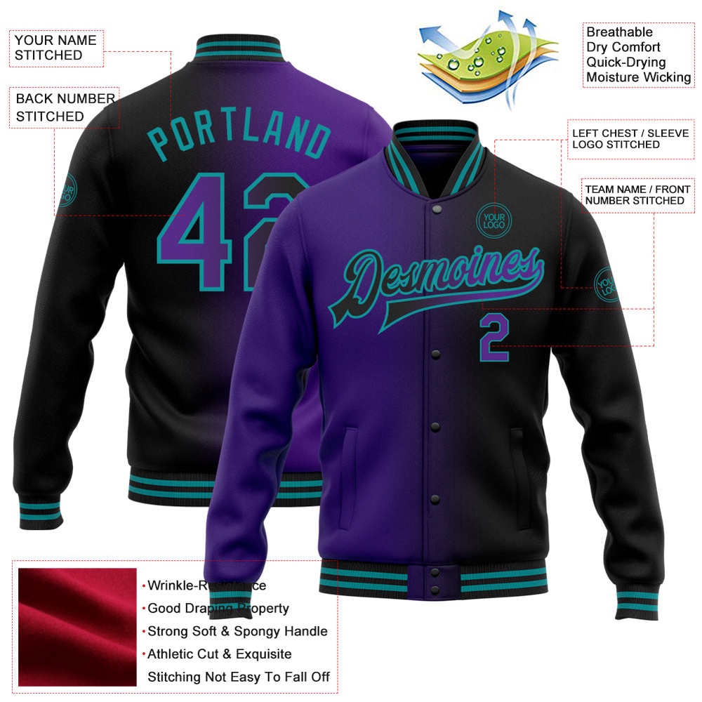 Custom Black Purple Teal Bomber Full Snap Varsity Letterman Gradient Fashion Jacket, Custom Team Jacket