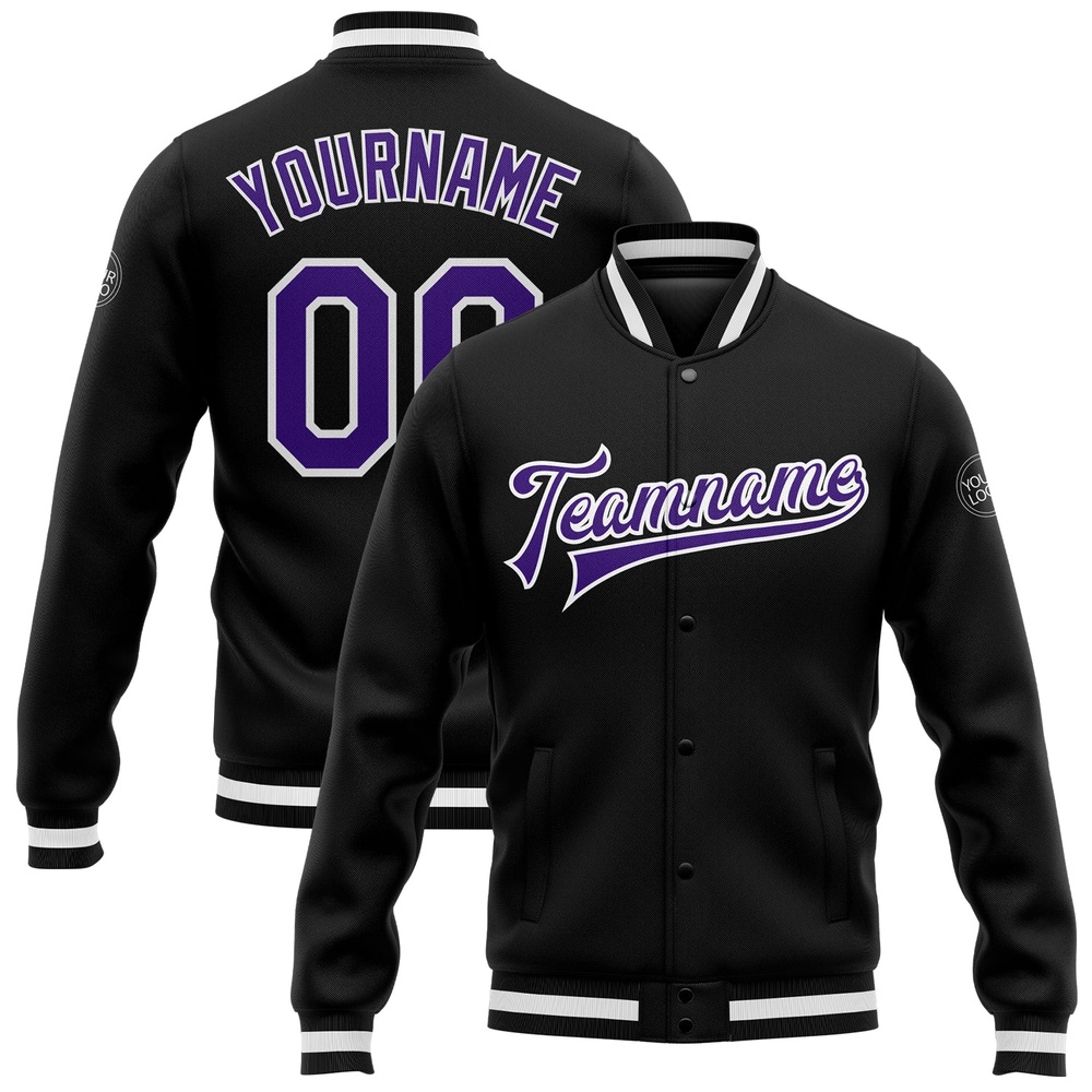 Custom Black Purple White Bomber Full Snap Baseball Jacket, Custom Team Jacket
