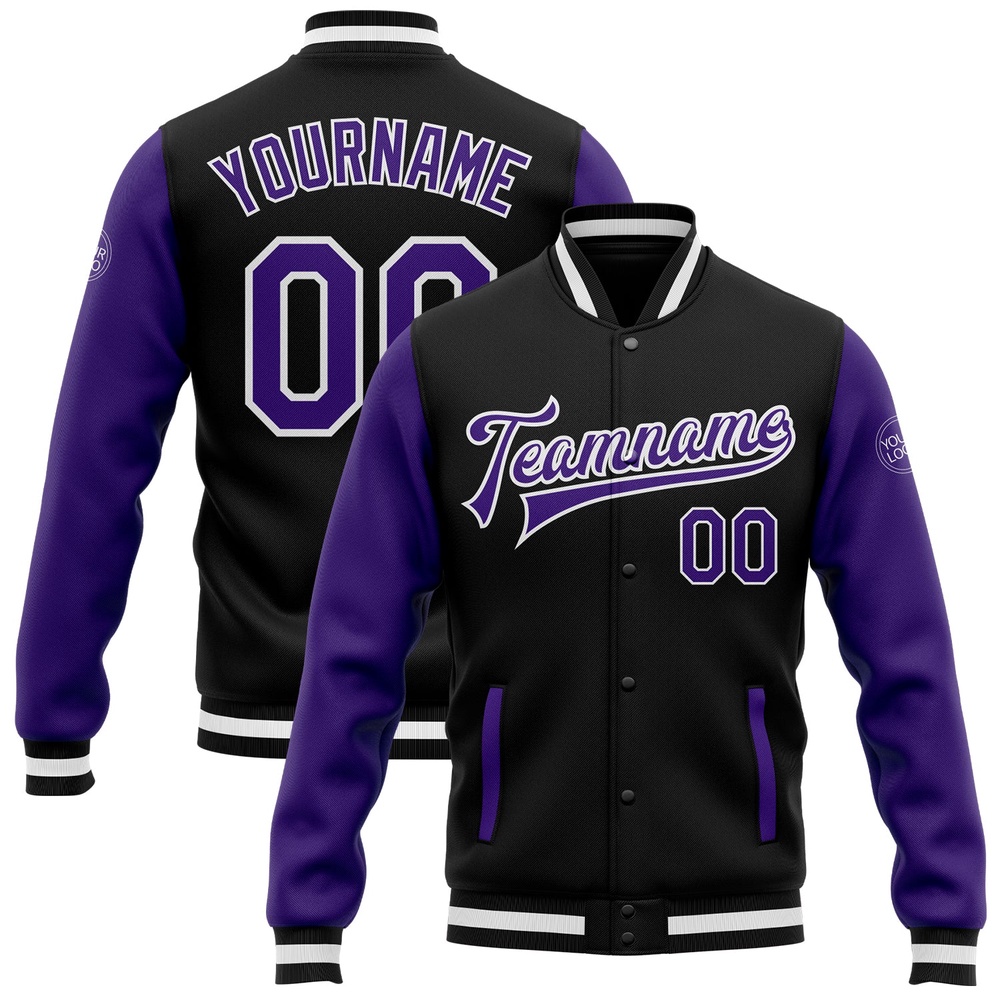 Custom Black Purple White Bomber Full Snap Varsity Baseball Jacket, Custom Team Jacket