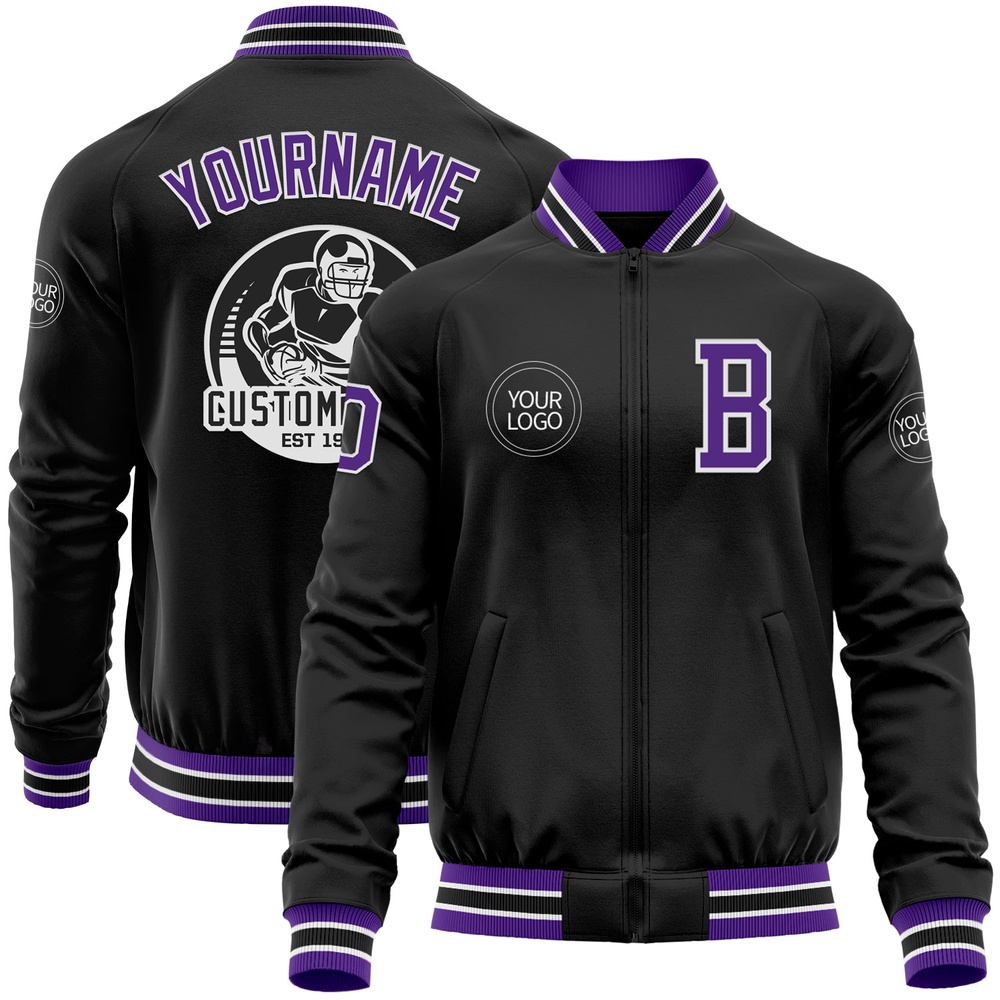 Custom Black Purple White Bomber Varsity Baseball Jacket, Custom Team Jacket