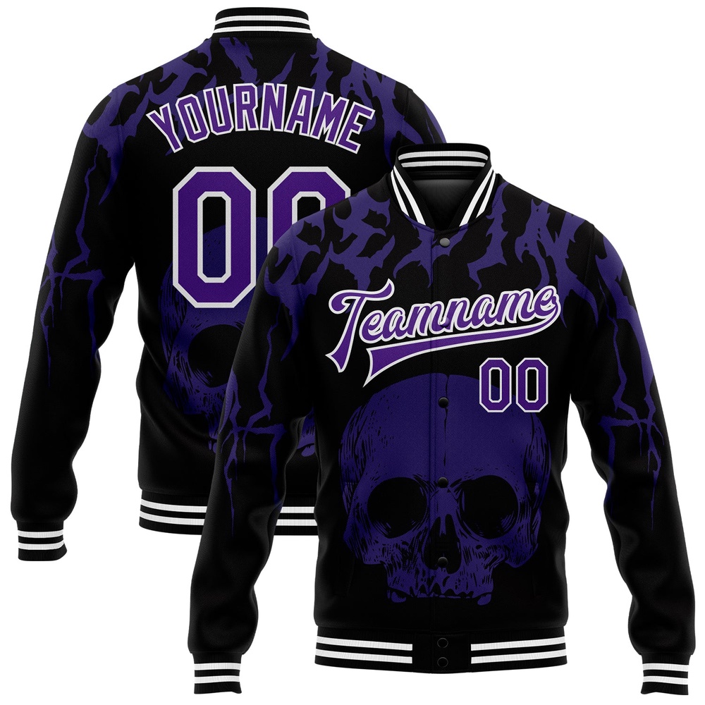 Custom Black Purple White Skull Fashion 3D Bomber Full Snap Baseball Jacket, Custom Team Jacket