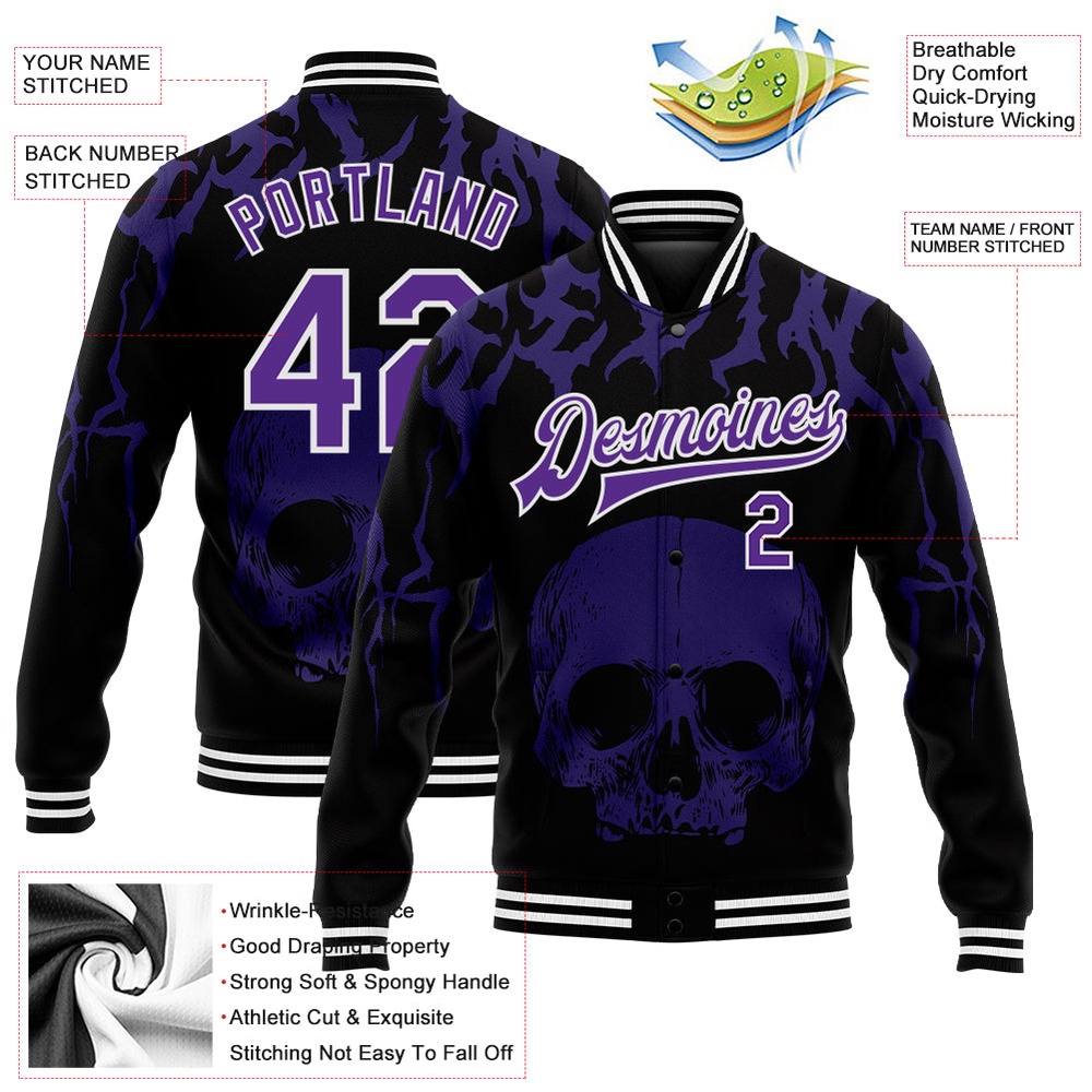 Custom Black Purple White Skull Fashion 3D Bomber Full Snap Baseball Jacket, Custom Team Jacket