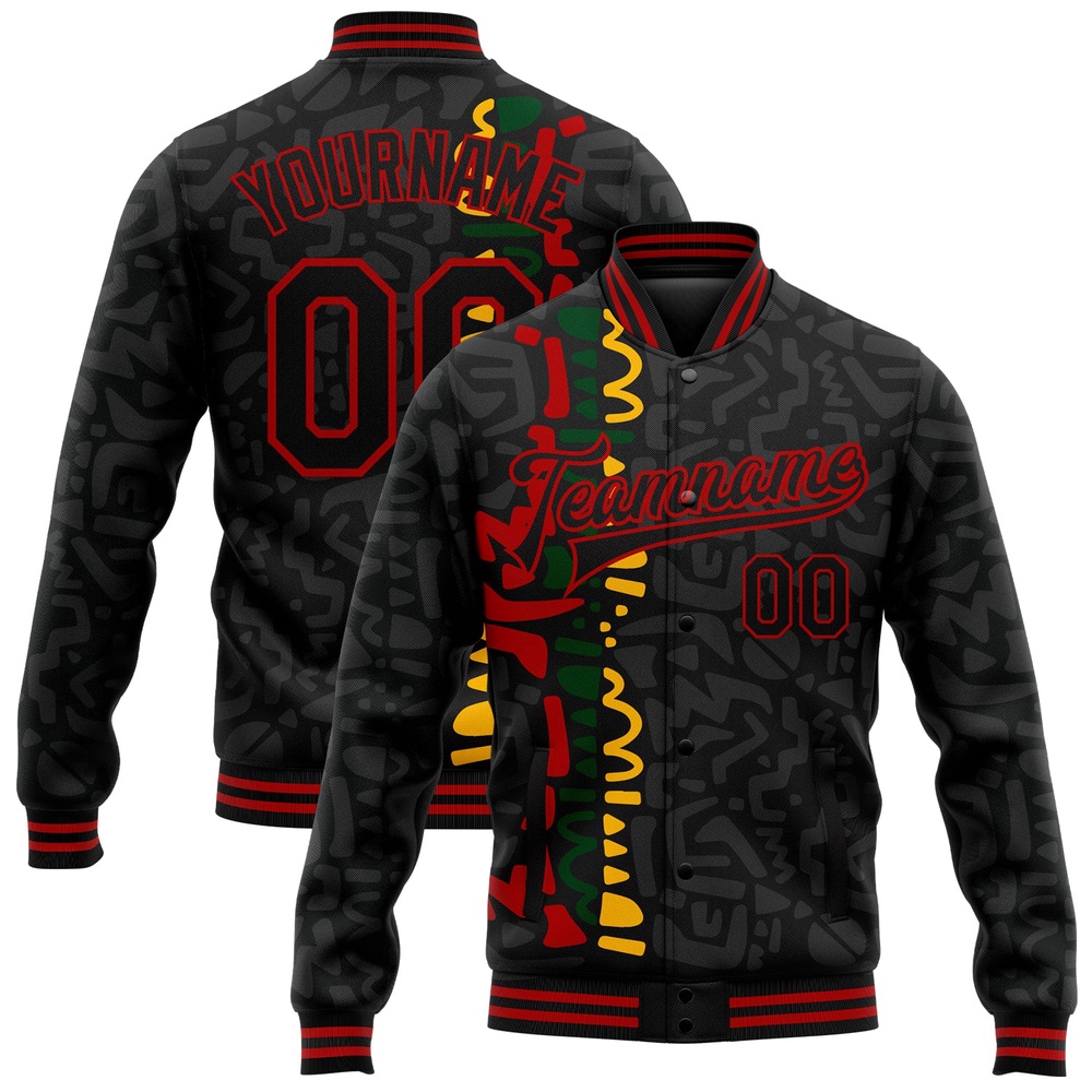 Custom Black Red Black History Month 3D Pattern Design Bomber Full Snap Baseball Jacket, Custom Team Jacket
