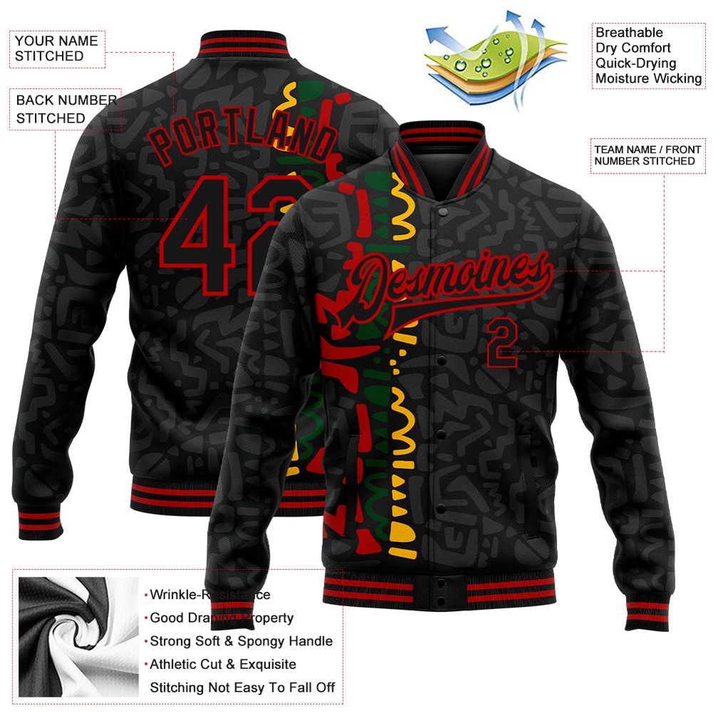 Custom Black Red Black History Month 3D Pattern Design Bomber Full Snap Baseball Jacket, Custom Team Jacket