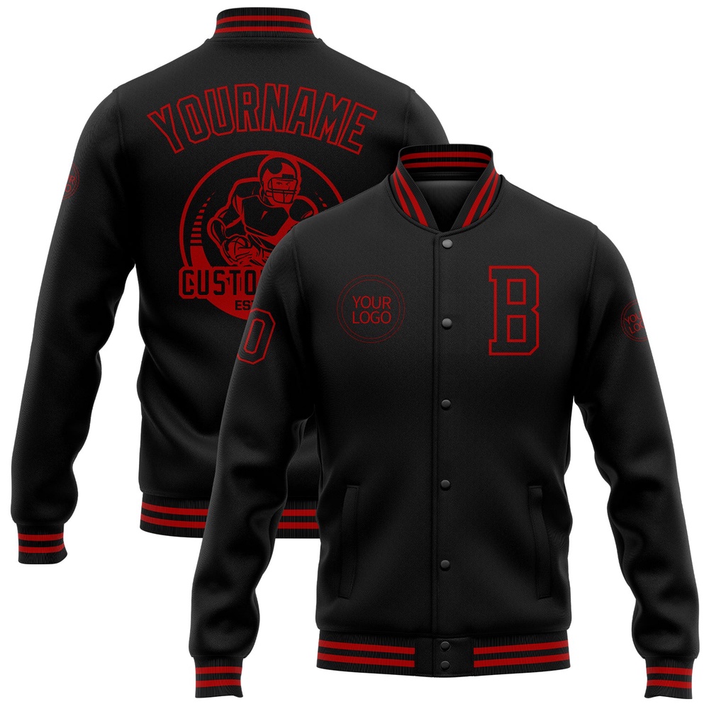 Custom Black Red Bomber Full Snap Baseball Jacket, Custom Team Jacket
