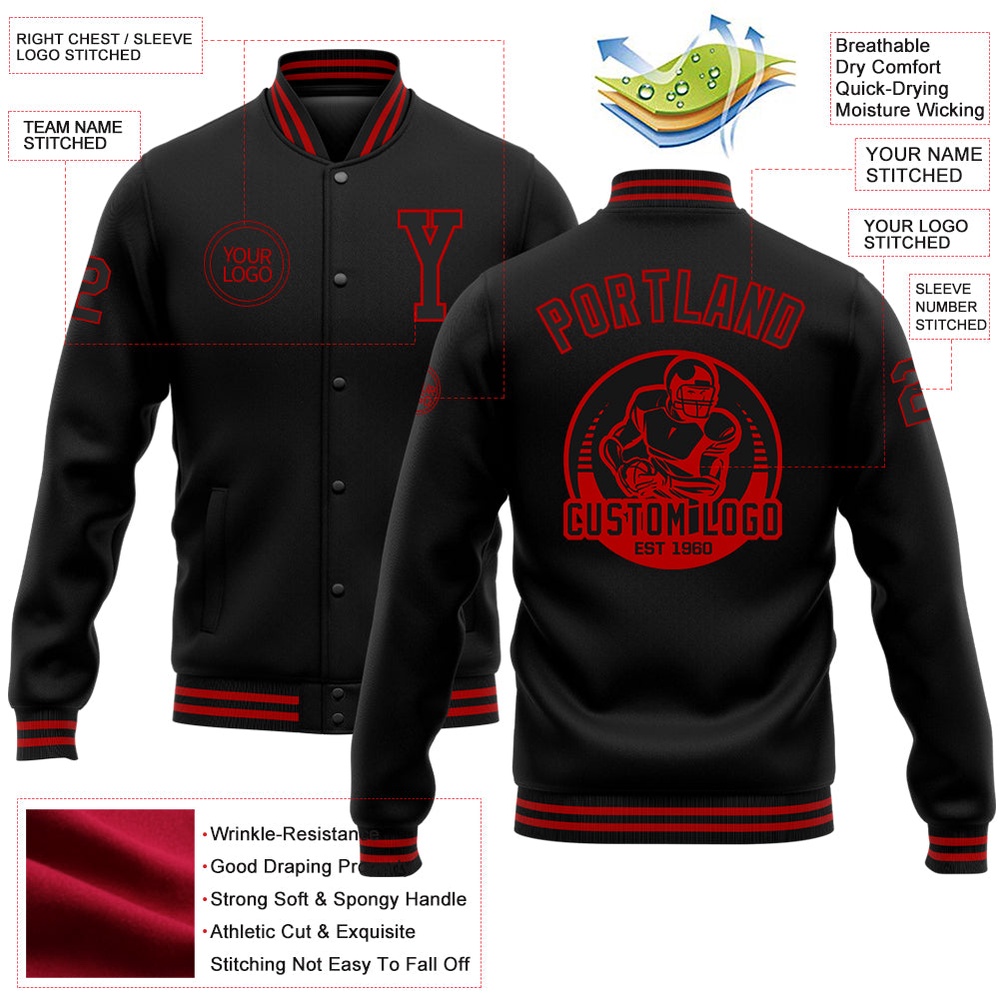 Custom Black Red Bomber Full Snap Baseball Jacket, Custom Team Jacket